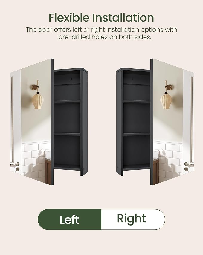 Bathroom Medicine Mirror Cabinet, 17.7'' x 23.6'', Wall-Mounted Bathroom Vanity with Mirror, Bathroom Medicine Cabinet with Storage Function, Hanging Storage Cabinet, Adjustable Shelves, Black