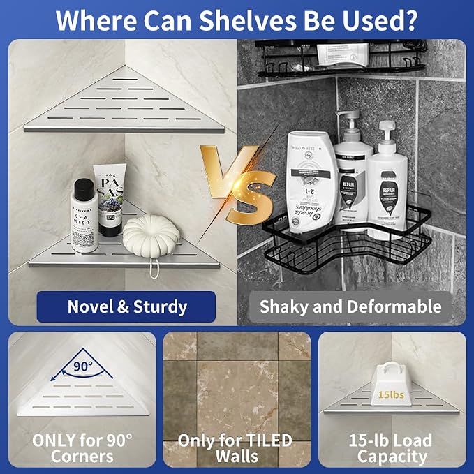 Corner Shower Shelf 10" Brushed | 304 Stainless Steel, Slot Design, Recessed Corner Shelf Bathroom Grout in Shelf for Tiled Wall