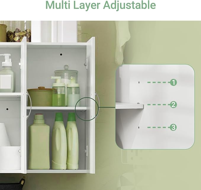 3-Door Wall Mount Bathroom & Laundry Cabinet, Wall Size, White | 3-Door Wall Storage Cabinet With Adjustable Shelves, Over Toilet/Washer MDF Medicine Cabinet, HUS-FRG231-L