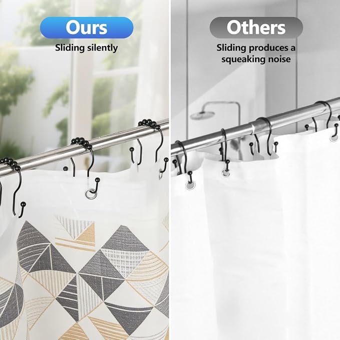 Resze 12PCS Shower Curtain Hooks, Sturdy Metal Shower Curtain Rings(Black) | Glide Roller Double Shower Hooks, Rust Proof Anti-Drop Curtain Hooks, Smooth Sliding Rings for Bathroom Shower Rods Curtains