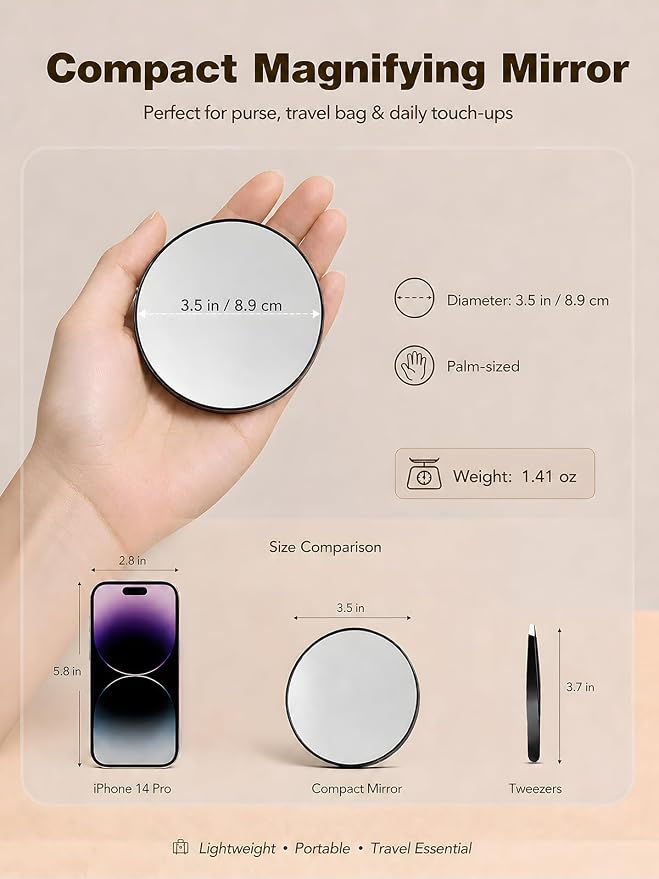 Macaki 30x Magnifying Mirror Suction Cup, Makeup Mirror, 3.5 in, Black | Small Magnifying Mirror, for Home, On the Go or Office, Brows, Contacts, Powerful Suction Cup, Travel Mirror, Tweezers