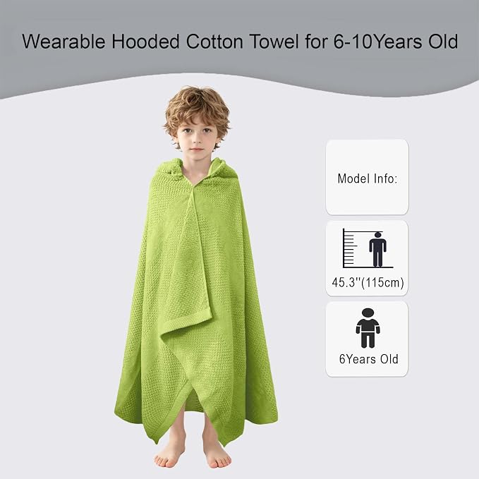 VOOVA & MOVAS Kids Hooded Towel, 6-10 Years, 100% Cotton,Green Waffle | Vertical Waffle Textured Surface, Ultra Plush, Great for Beach, Pool and Bath Time