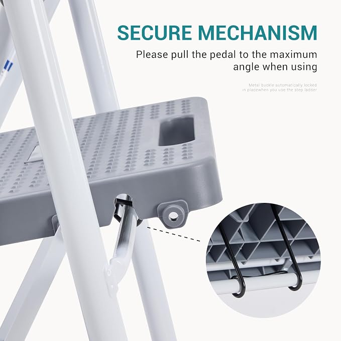 OLIXIS 2 Step Ladder, 800lbs Foldable Step Stool with Anti-Slip Pedal | Heavy Duty Portable Stepping Stool with Sturdy Steel Ladder & Comfortable Handrail, for Kitchen, Garage, Outdoor Use - Grey