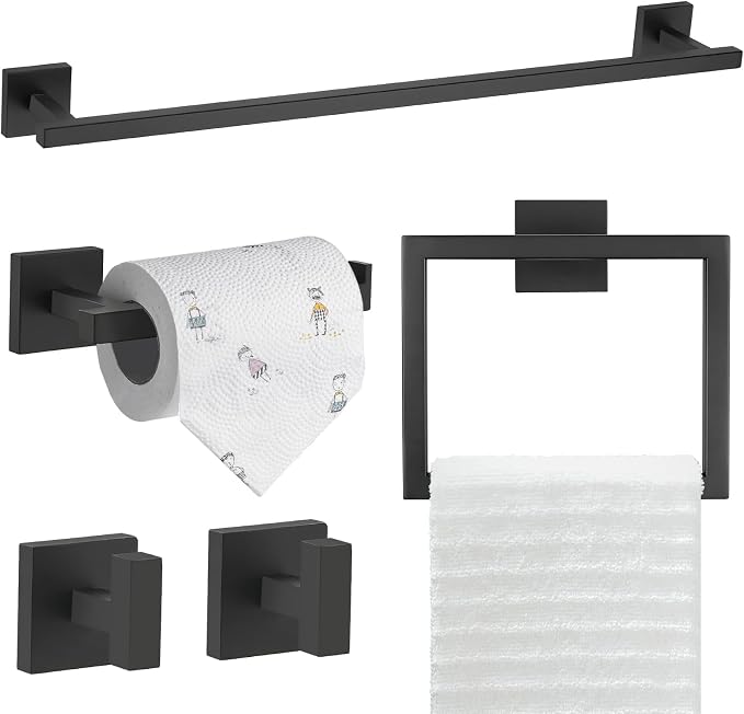 TQKAG 5-Piece Towel Bar Set, 23.6 Inch Bathroom Hardware Set, Matte Black | SUS304 Stainless Steel, Towel Rack for Bathroom, Classic Toilet Paper Holder Wall Mount, Matte Black Bathroom Accessories