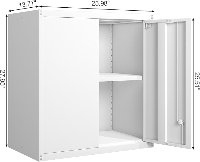 GREATMEET Locking Metal Wall Cabinet, Metal Storage Cabinet with 2 Shelves, Wall Mount Cabinet with Lock, Floating Garage Cabinets with Adjustable Shelf