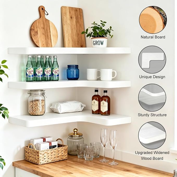 Floating Corner Shelves, Wall Shelf Set of 3, Shelves for Wall Storage, Solid Wood Shelves for Storage, Wall Mount Wooden Display Shelf for Bathroom Bedroom Kitchen Garage (White 3 Pcs)