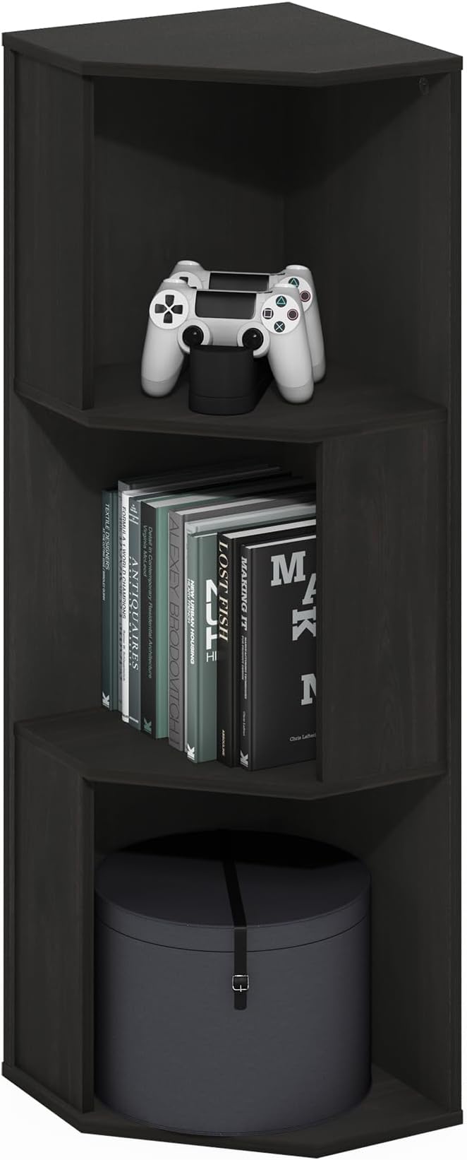 Furinno ECON Corner Shelf, 3-Tier Corner Book Shelf, Standing Storage Shelves, Cube Display Rack, Bookshelf, for Organization and Storage, Living Room, Home Office, Espresso