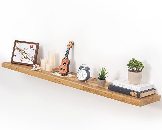 Floating Shelves for Wall, 48"x9.3" Rustic Solid Live-Edge Elm Wood Wall Shelves, Heavy-Duty Floating Shelves with Invisible Brackets for Living Room, Bedroom, and Kitchen, Natural Finish