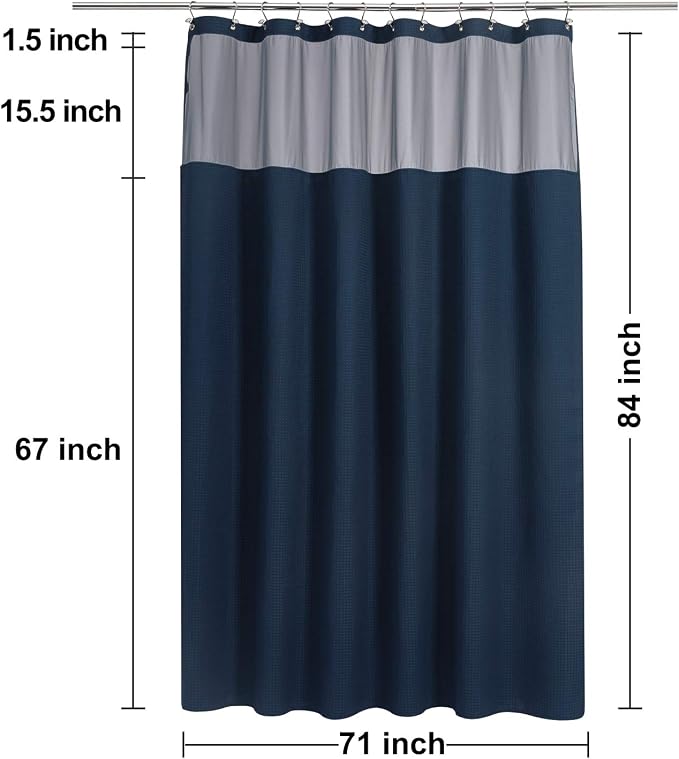 N&Y HOME Extra Long Waffle Shower Curtain with Snap-in Liner Navy, 71x84 | 12 Hooks & Snap on Fabric Liner, Washable, Mesh Window, Hotel Style, 84 inches Length Navy Shower Curtain Set for Bathroom