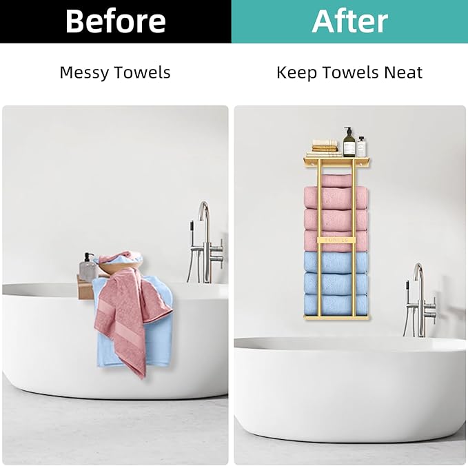 STWWO Bathroom Towel Storage Rack for Bathroom, 30 inch Towel Racks Wall Mounted with Shelf Can Holds 6 Large Towels, Wall Towel Rack for Rolled Towels, Gold | Towel Racks for Bathroom for Rolled Towels Folded Bath Towels, 30 inch