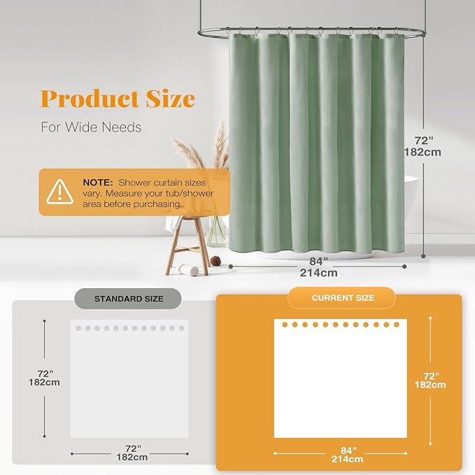 84x72 Wide Linen Textured Waterproof Cloth Shower Curtain, Sage Green | Wide Size, 230GSM Polyester, Heavy Duty Fabric, Weighted Hem, 14 Plastic Hooks, Modern Luxury Hotel Style, Machine Washable