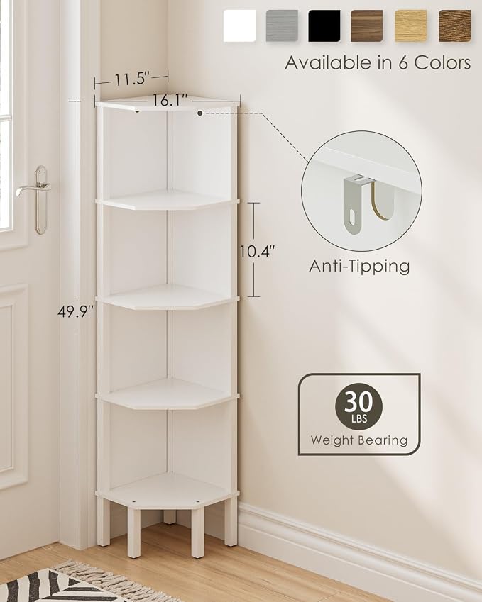 Corner Shelf, 5 Tier Corner Bookshelf, Display Corner Shelf Stand with Storage Rack, Wall Corner Bookshelf for Living Room, Bedroom, Office, White