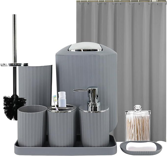 Grey Bathroom Accessories Set, 10Pcs Bathroom Accessory Sets Complete with Trash Can, Shower Curtain, Vanity Tray, Soap Dispenser, Soap Dish, Toothbrush Holder&Cup, Toilet Brush&Holder, Qtip Holder