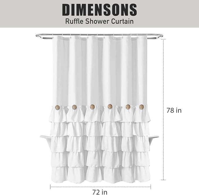 Seasonwood White Ruffle Shower Curtain Farmhouse Shower Curtain 72 X 78 | Natural button accents, layered fabric tiers, shabby chic and French country styling for decorative bathroom updates