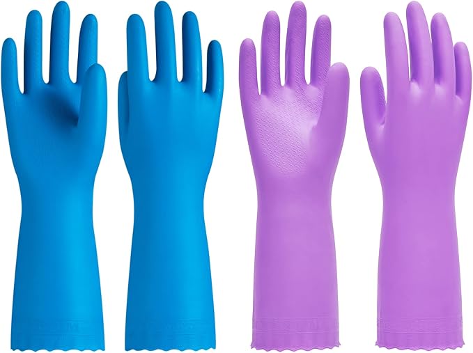 2 Pairs Cleaning Gloves, Cotton Liner, Purple+Blue, Small | Waterproof dishwashing gloves with non-slip grip, Latex-Free, flexible fit for kitchen, bathroom, laundry & cleaning