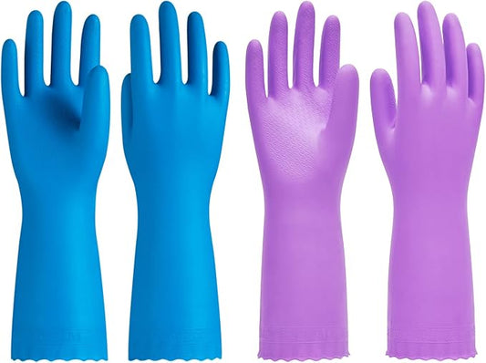 2 Pairs Cleaning Gloves, Cotton Liner, Purple+Blue, Small | Waterproof dishwashing gloves with non-slip grip, Latex-Free, flexible fit for kitchen, bathroom, laundry & cleaning