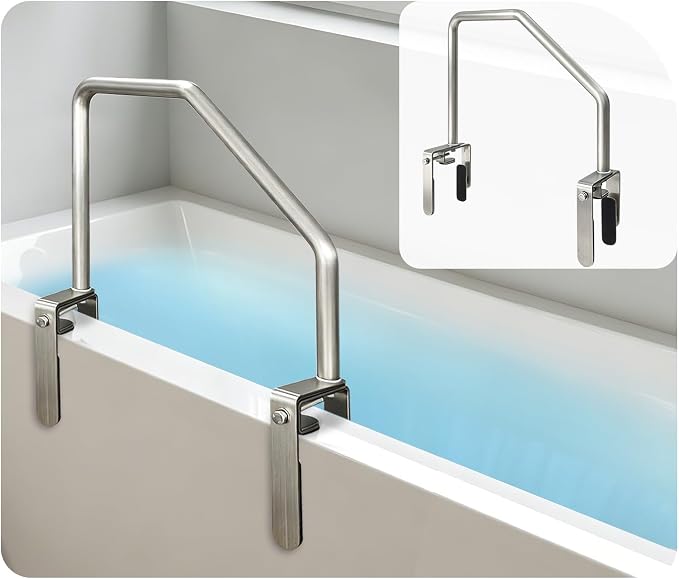Bathtub Rail Safety Grab Bar, Clamp on Tub Handles for Seniors, Adjustable Bath Tub Rails for Elderly Adults Support Bars Shower No Drill, Handicap Bathtub Helper Railing for Side of Tub