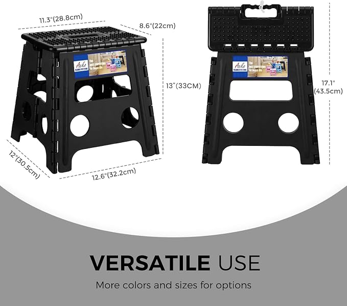 ACKO 13" Folding Step Stool, Non-Slip Surface for Adults & Kids, Dot Black | Collapsible Heavy Duty Foldable Stools, Portable Foot Stepping Stool Holds 300 lbs, Kitchen Bathroom Outdoor, Built-in Handle