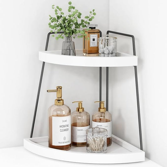 Forbena Corner Bathroom Organizer Countertop, 2Tier Sink Corner Shelf Stand for Kitchen Counter, Modern Coffee Bar Organizer Station, Round Vanity Tray for Men Desk Organization -White and Grey