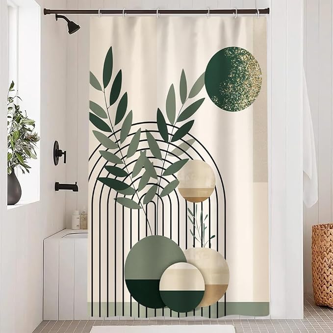 Mid Century Sage Green Stall Shower Curtain with Hooks 48x72 Inch | Waterproof Small Abstract Green and Beige Bathroom Curtain for Shower Stall, Machine Washable