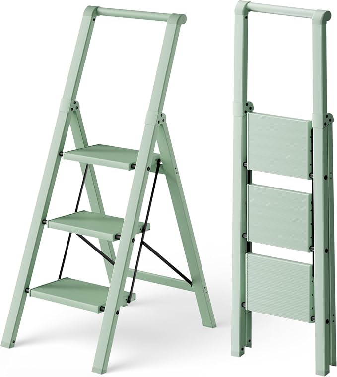 HillhutApex Aluminum 3 Step Ladder, Step Stool Foldable Ladder(Pale Green) | Stepladder with Handgrip,Anti-Slip Pedals,330lbs Capacity,Lightweight Folding Ladder for Home,Office,Libaray