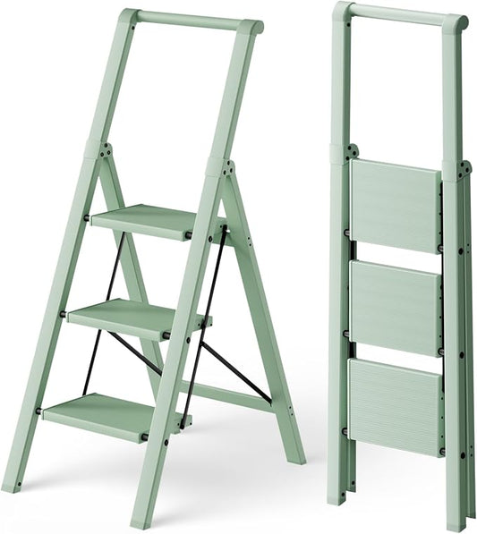 HillhutApex Aluminum 3 Step Ladder, Step Stool Foldable Ladder(Pale Green) | Stepladder with Handgrip,Anti-Slip Pedals,330lbs Capacity,Lightweight Folding Ladder for Home,Office,Libaray