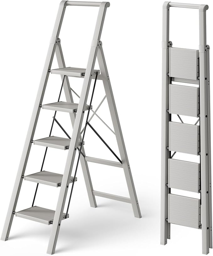 HillhutApex Aluminum 5 Step Ladder, Step Stool Foldable Ladder(Pale Grey) | Stepladder with Handgrip,Anti-Slip Pedals,330lbs Capacity,Lightweight Portable Folding Ladder for Home,Office,Libaray