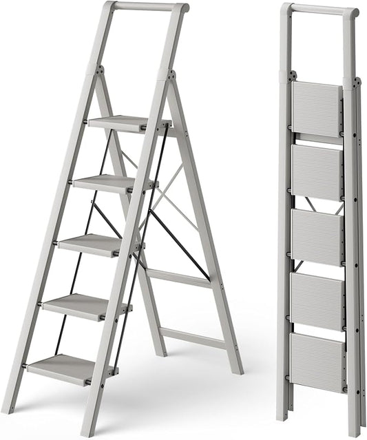 HillhutApex Aluminum 5 Step Ladder, Step Stool Foldable Ladder(Pale Grey) | Stepladder with Handgrip,Anti-Slip Pedals,330lbs Capacity,Lightweight Portable Folding Ladder for Home,Office,Libaray