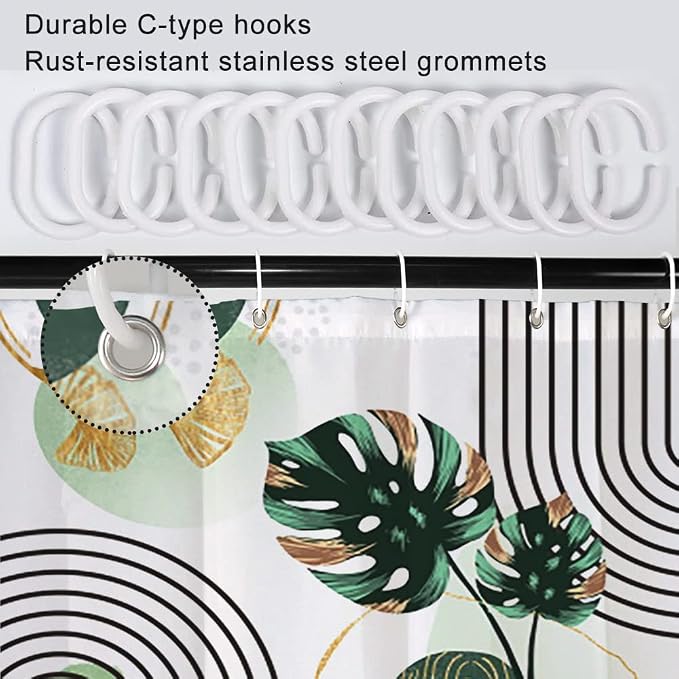 Boho Green Shower Curtain with Hooks for Bathroom 72x78 Inch | Waterproof Abstract Green and Gold Leaves Shower Curtain Set, Mid Century Bathroom Decor
