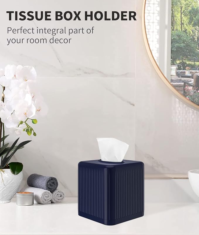 Livelab Tissue Box Cover with Base, Square Plastic Tissue Box Holder Decorative Tissue Box Case Modern Facial Paper Dispenser for Bathroom, Vanity Countertops, Night Stands, Desk - Navy Blue