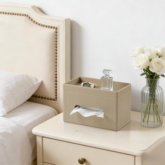 Plus Size Tissue Box Cover, Rectangle Tissue Box Organizer, Wood | Fit 180/230 Count Tissue Boxes, Storage Tray, PU Leather Large Tissue Box Cover, Rectangular Tissue Box Holder for Bathroom