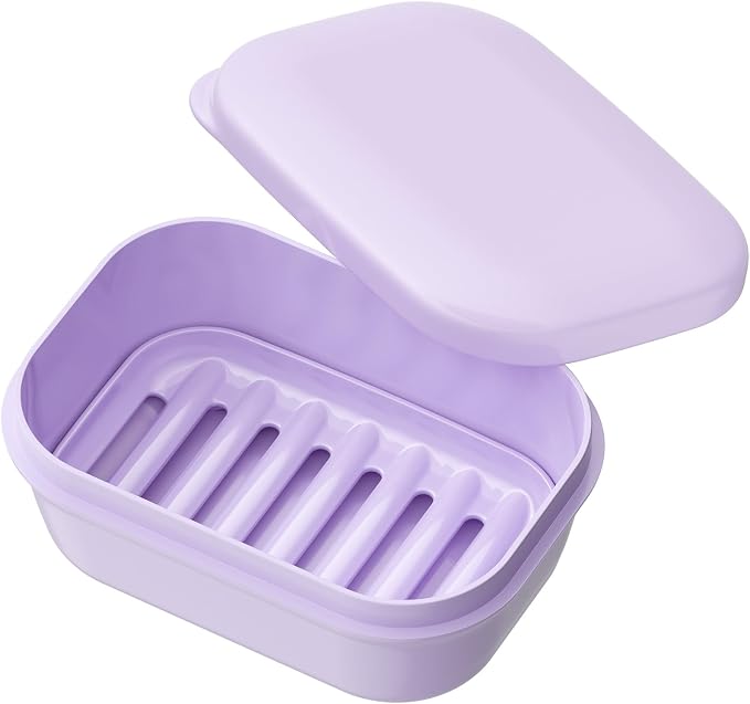 Quatish Leakproof Soap Dish with Lid & Draining Layer, Shatterproof Travel Bar Soap Holder Case Container, Portable Travel Size Toiletries Essentials for Camping, Gym, Bathroom, Purple
