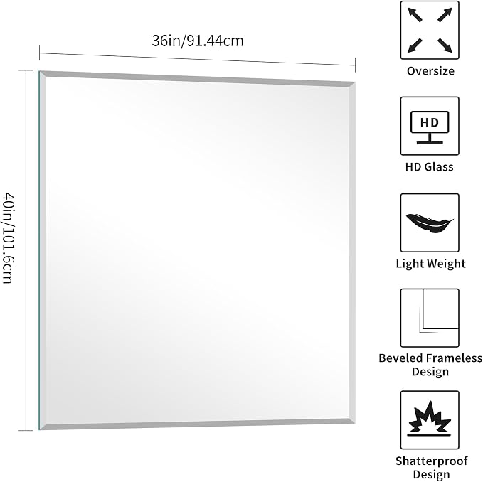 KOCUUY Beveled Mirror, 40x36 Inch Large Frameless Bathroom Mirror for Over Sink, Upgraded Shatterproof Beveled Unframed Design Mirror for Bathroom, Bedroom, Hang Horizontal/Vertical