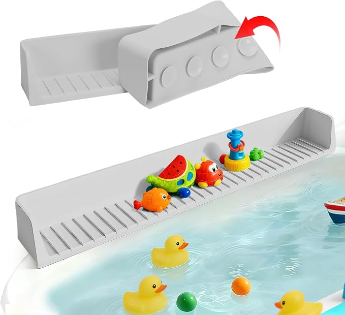 Bathtub Splash Guard for Tub Kids- Silicone Bath Play Shelf | 31" Extra Long Toy Tray & Caddy Holder, Prevent Water Spills & Messy Floors, Tub Edge Guard for Bathroom- Grey