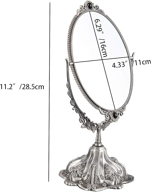 Feyarl Small Vintage Makeup Mirror Floral Tabletop Oval Vanity Mirror with Stand Dressing Room Swivel Double Sided Elegant Decorative Mirror Embossed Frame (Pewter)