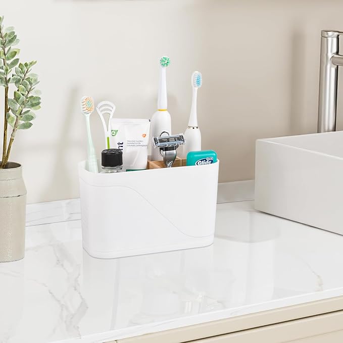 Toothbrush and Toothpaste Holder, 4 Slots, White | Bamboo Dividers, Kids Electric Tooth Brush Organizer for Bathroom Countertop Accessories Storage