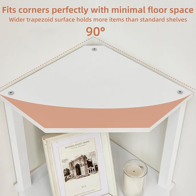 YUFAM 4-Tier Corner Shelf, White | Wooden Corner Bookshelf for Small Spaces, Corner Standing Shelf with Sturdy 5-Leg Base