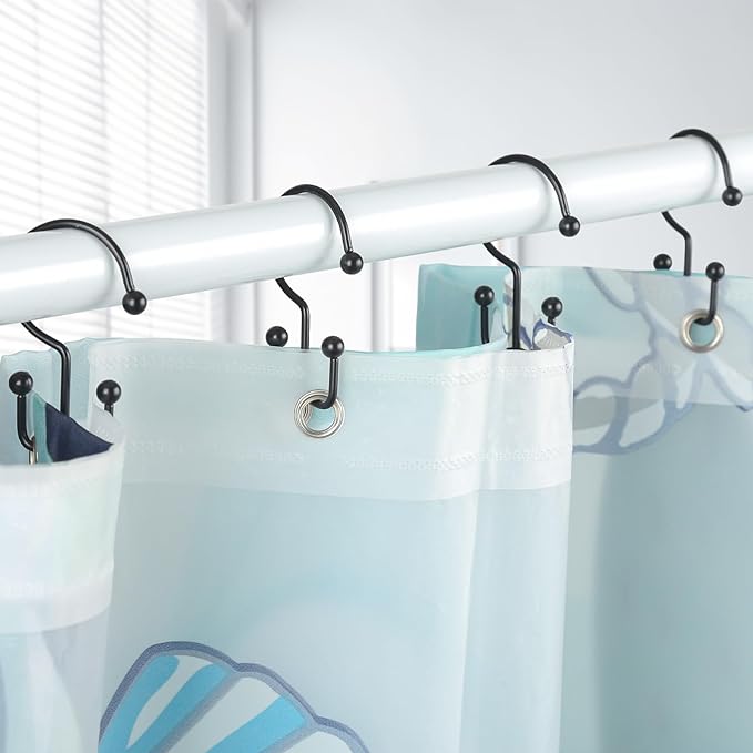 24 Pcs Shower Curtain Hooks, Goowin Shower Curtain Rings, Durable Black Shower Curtain Hooks Rust Proof, Shower Rings for Curtain, Double Glide Shower Hooks for Shower Curtain Rods, Black