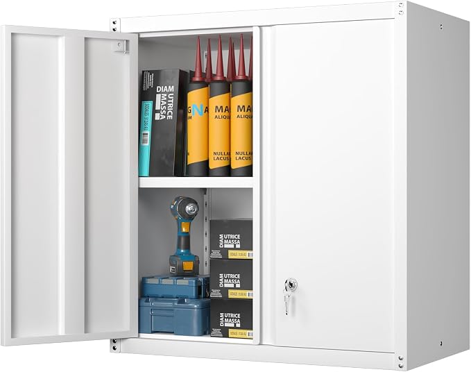 GREATMEET Locking Metal Wall Cabinet, Metal Storage Cabinet with 2 Shelves, Wall Mount Cabinet with Lock, Floating Garage Cabinets with Adjustable Shelf