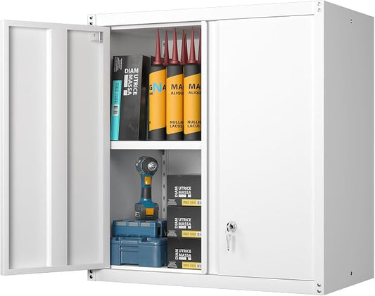 GREATMEET Locking Metal Wall Cabinet, Metal Storage Cabinet with 2 Shelves, Wall Mount Cabinet with Lock, Floating Garage Cabinets with Adjustable Shelf