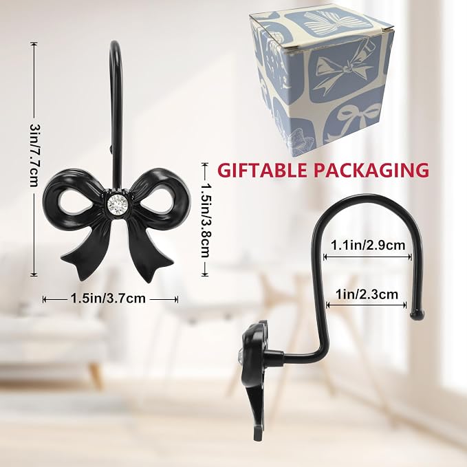 Bow Shower Curtain Hooks, 12-Pack Black Metal Decorative Bow Knot Rings | Rust-resistant metal rings with black bow knot accents add decorative charm to bathrooms, guest baths