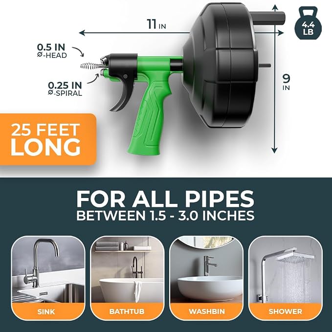 MEISTERFAKTUR drain snake [25FT] - Auto Feed - Ideal plumbing snake for sink and drain unblocking - Solid drain auger for real DYIs!