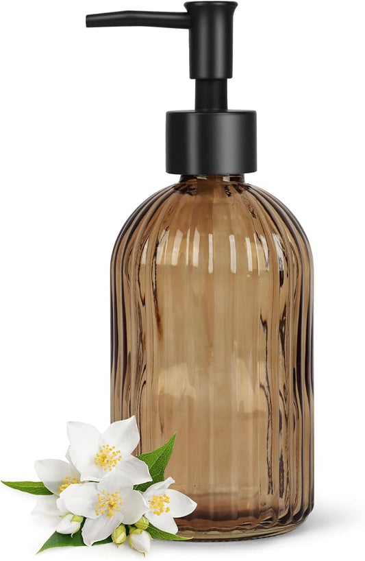 13.5oz Stripe Glass Soap Dispenser with Black Plastic Pump, 400ml Liquid Hand Soap Dispenser, Rustproof Pump for Kitchen & Bathroom, Great for Lotions, Essential Oil, Liquid Soaps-Amber