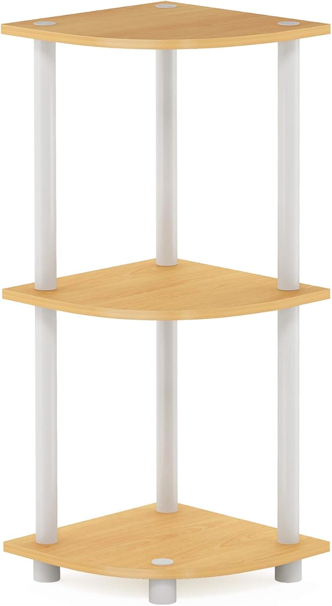 Furinno TURN-N-TUBE Corner Shelf, 3-Tier Corner Bookshelf, Display Storage Shelves with Open Shelves, for Organization and Storage, Living Room, Home Office, Garage, Beech