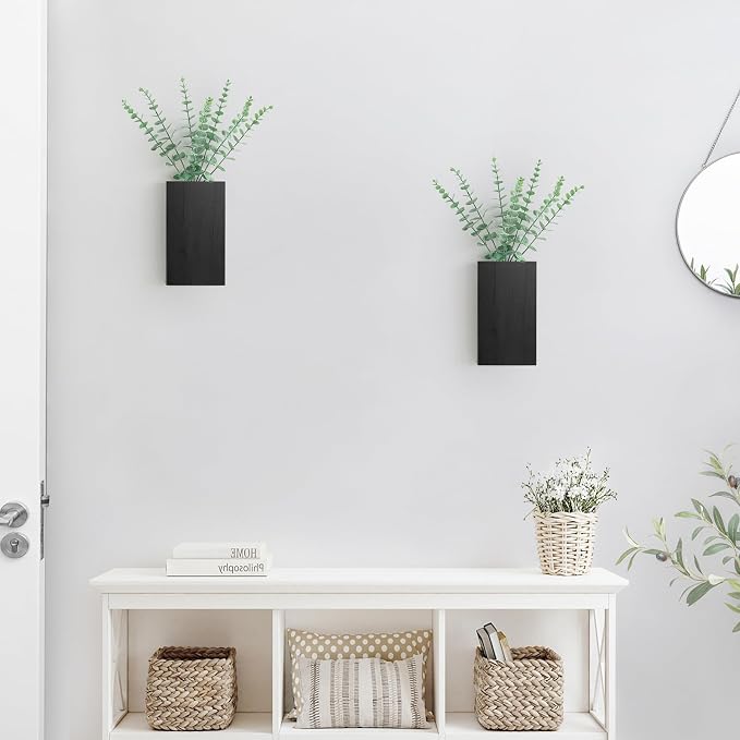 Dahey 2 PCS Wall Planter Vase with Fake Plants for Farmhouse Wall Art Decor | Lightweight Wood, Realistic Artificial Eucalyptus, Cute Hanging Decor for Bathroom Living Room Bedroom Entryway Office, Black