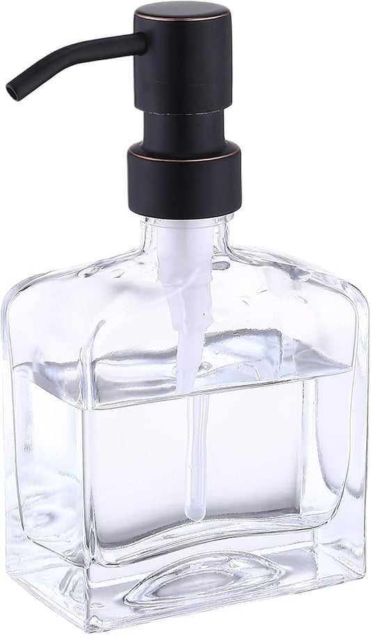 Classic Square Clear Glass Soap Dispenser, Oil Rubbed Bronze Pump | 304 Rustproof Stainless Steel Pump ,10oz Glass Soap Bottle ,Bathroom Kitchen