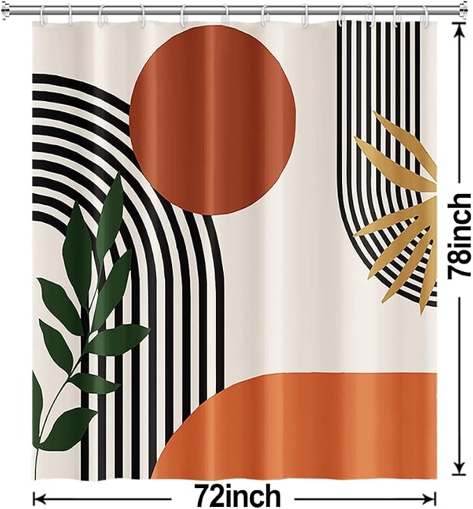 Mid Century Boho Shower Curtain, Abstract Minimalist Sunrise Fabric Shower Curtain Set Orange Waterproof Polyester Morden Abstract Leaves and Arch Bathroom Curtain Set with Hooks, 72x78 Inch | Waterproof Abstract Sun Leaves and Arch Shower Curtain Set,...