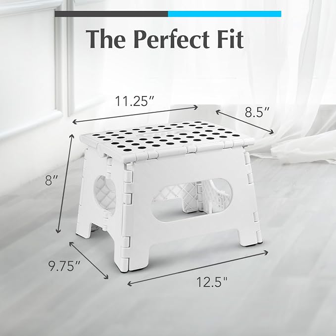 Handy Laundry Folding Step Stool 8 Inch, White, Non-Slip Holds 300 lbs | 8 Inch, White, Foldable Collapsible Step Stool, Non-Slip, Holds 300 lbs, Kitchen Bathroom Bedroom, Adults
