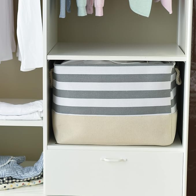 Jumbo Storage Bins Baskets, Sturdy Fabric Organizing Basket W/Handles, Decorative Foldable Storage Baskets for Shelves Closet Nursery Toy (Grey&White Stripes 3 Pack, 20.5Lx15.7Wx13.8H in)