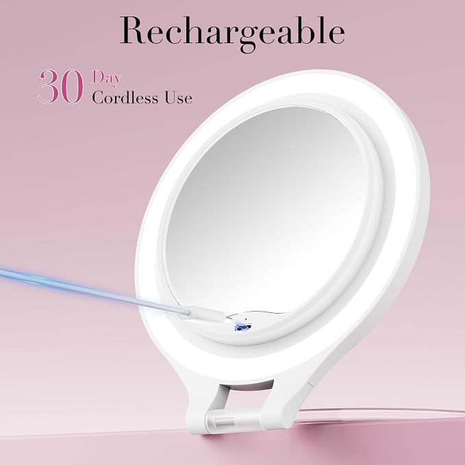 Travel 30X/1X Magnifying Mirror with Light Double Sided Mirror | Rechargeable Lighted Makeup Mirror with 3 Color Setting & Stepless Dimming, Adjustable LED Vanity Mirror